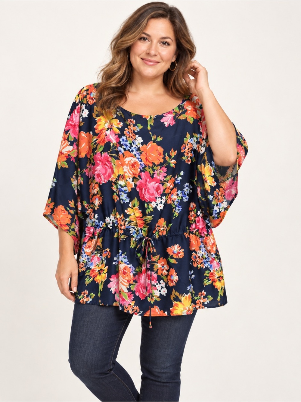 Chaps Navy Floral Drawstring Tunic